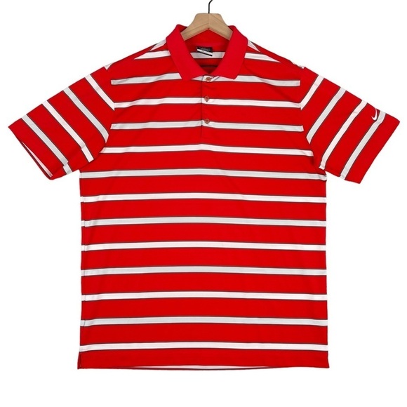 Nike Golf Polo Mens Large Stripe Print Performance Stretch Shirt Red - Picture 2 of 15